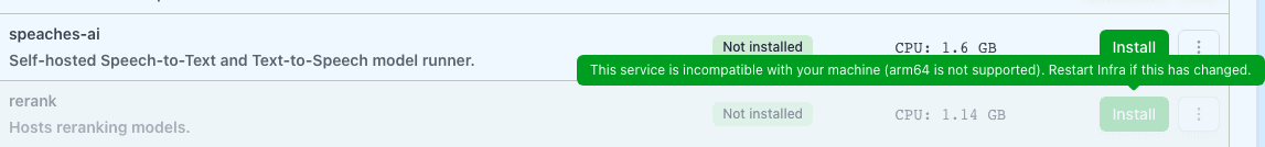 Services list showing rerank with a disabled Install button and a tooltip reading that the service is incompatible with the machine because arm64 isn't supported.