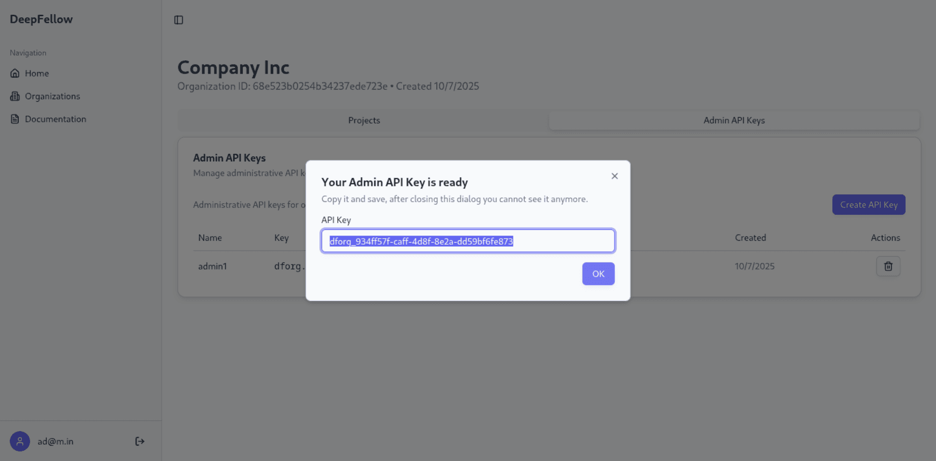 pop-up window with a generated example API Key