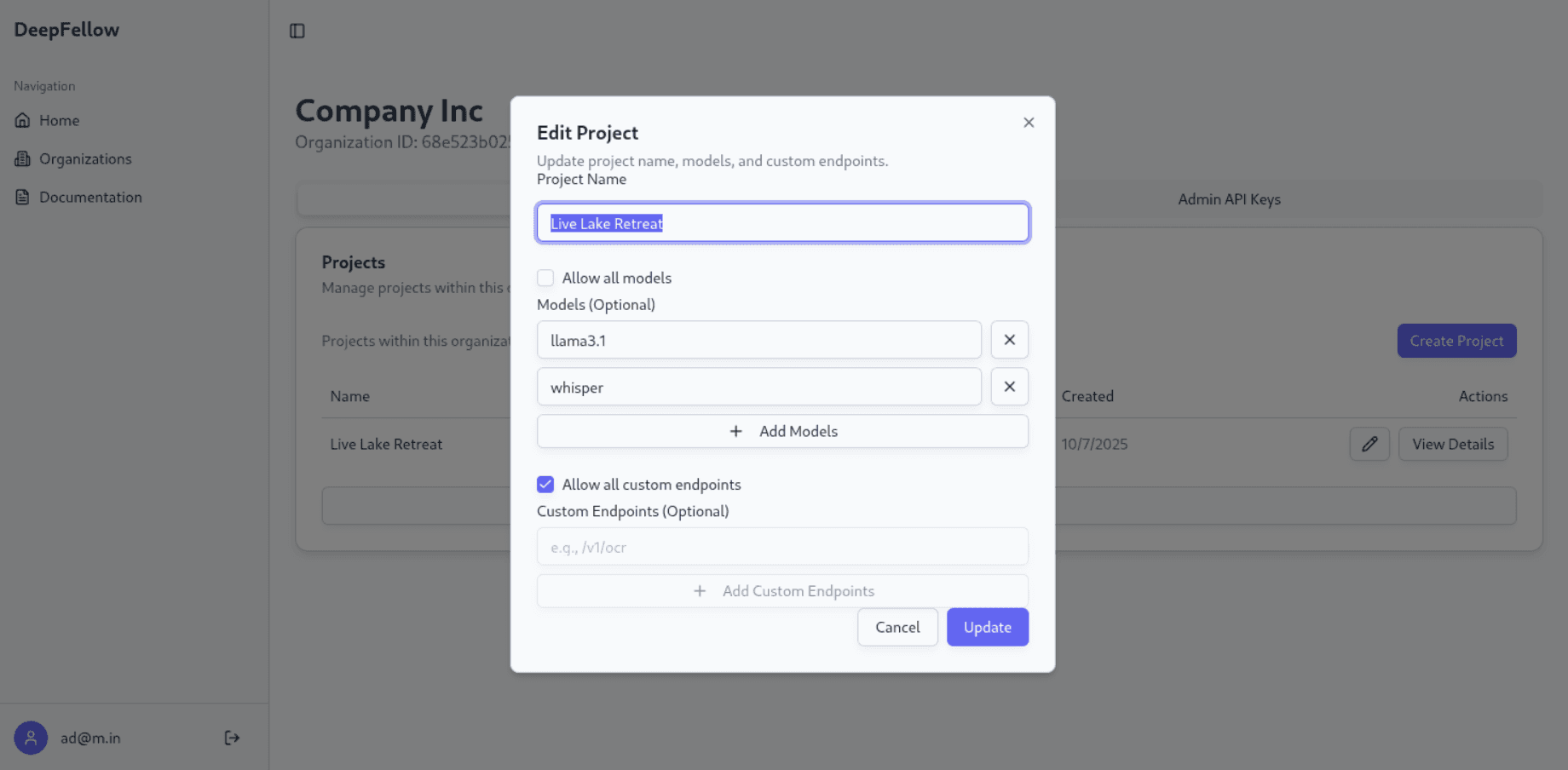 edit project pop-up window with options to add models and custom endpoints