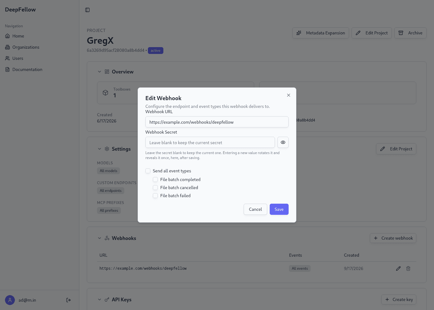 pop-up window for editing a webhook endpoint, with event type checkboxes scoped to specific events.