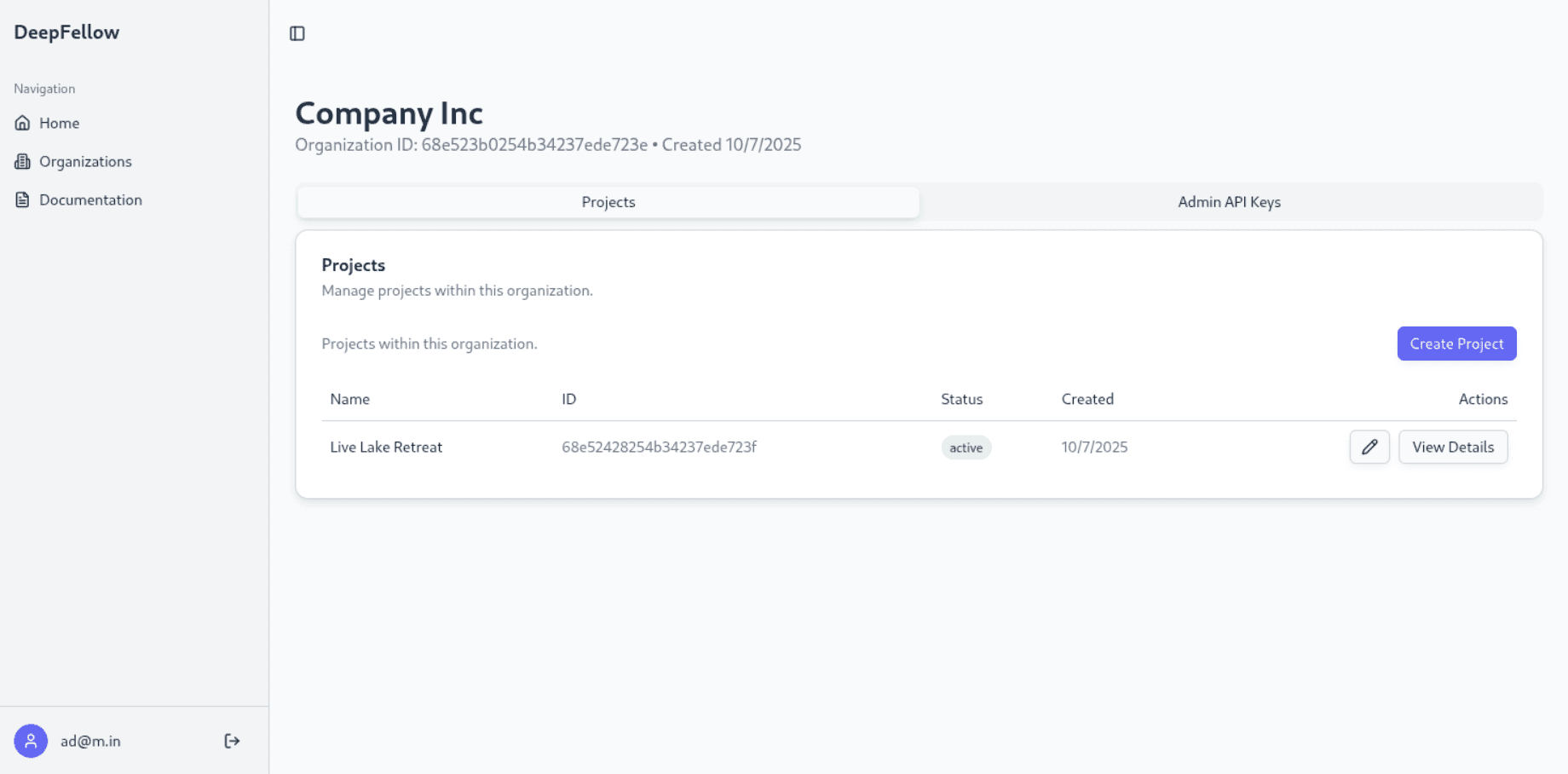 page with details about an example organization, including its name, ID, status, and date created