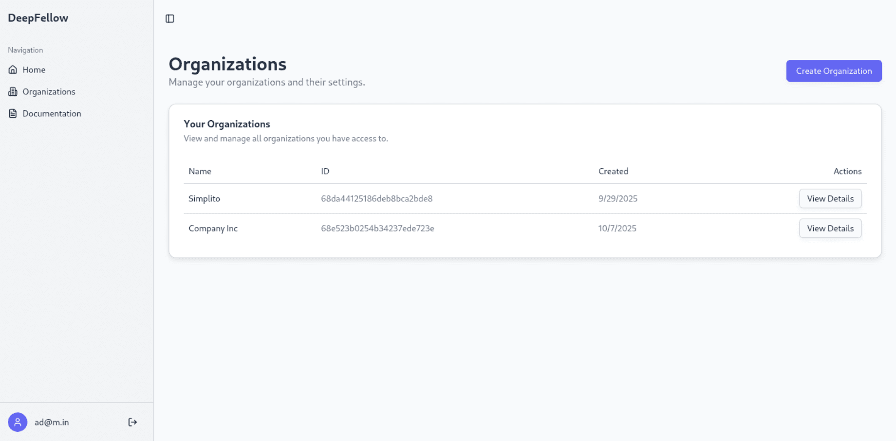 organizations page in DeepFellow Web Panel with list of user's organizations