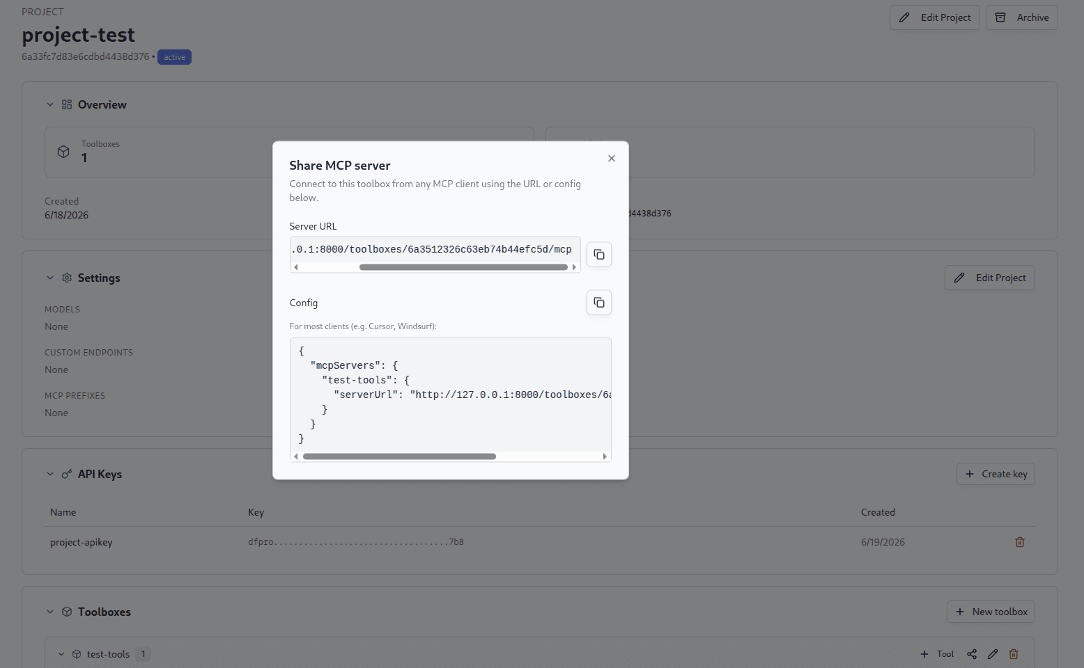 Share MCP server dialog with a Server URL field and a copy-to-clipboard config snippet