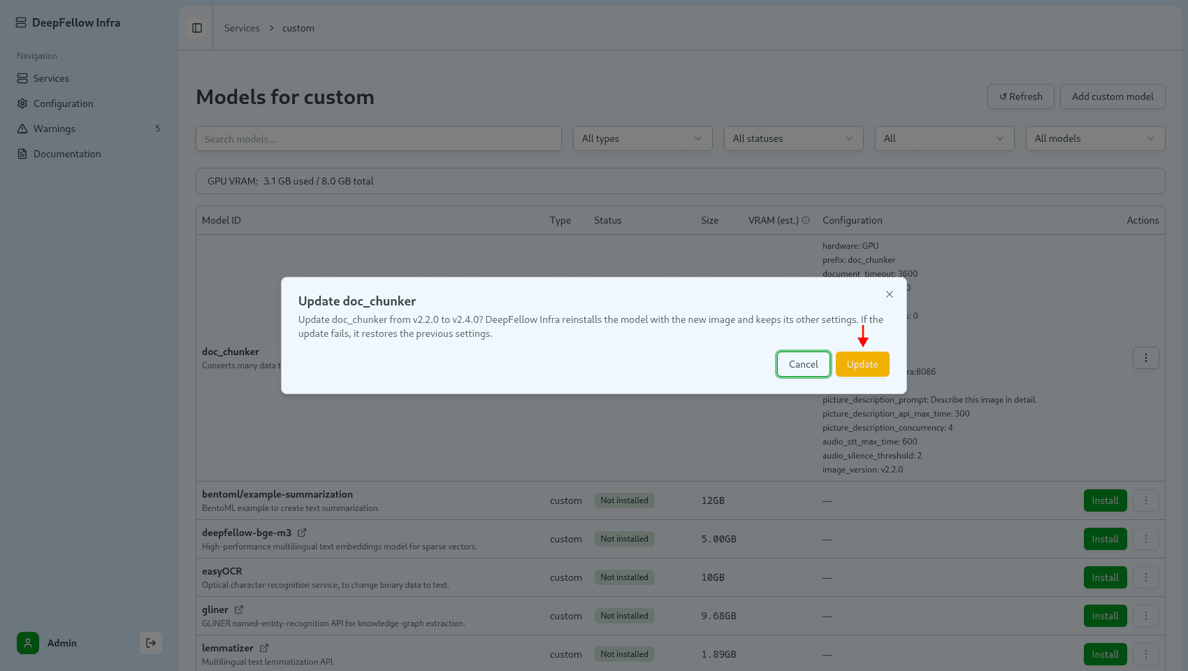 Confirmation window asking to update doc_chunker from v2.2.0 to v2.4.0.