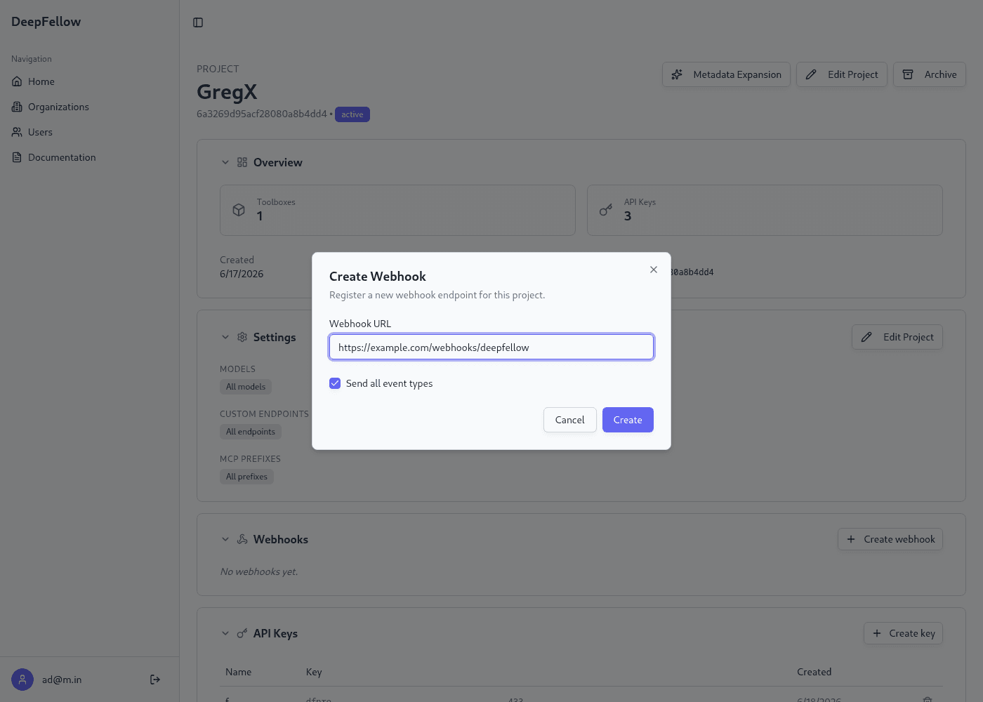 pop-up window for creating a webhook endpoint, with a URL field and event type options.